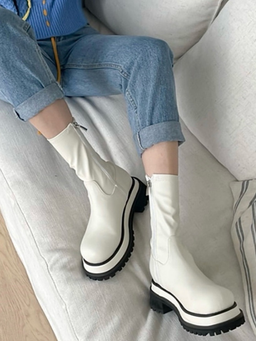 Off White Platform Lug Sole Platform Ankle Boots - Women's
